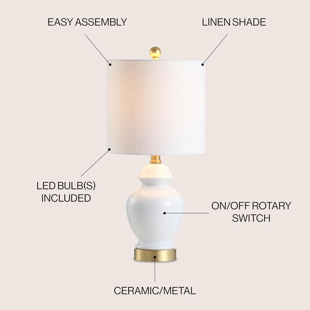 JONATHAN Y 20" White Textured Ceramic and Brass Gold Table Lamp, Glam Bedside Nightstand Lamp for Living Room Bedroom, White Linen Shade…