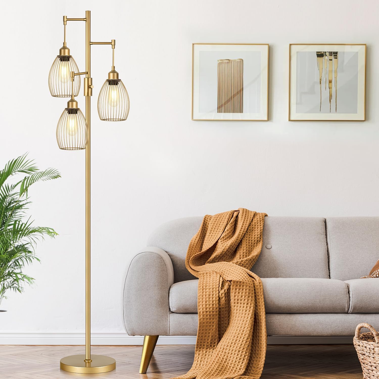 Dimmable Floor Lamp, Industrial Floor Lamps for Living Room, Gold Tree Lamp Standing Lamp Tall Lamps with 3 Elegant Teardrop Cage Head &…