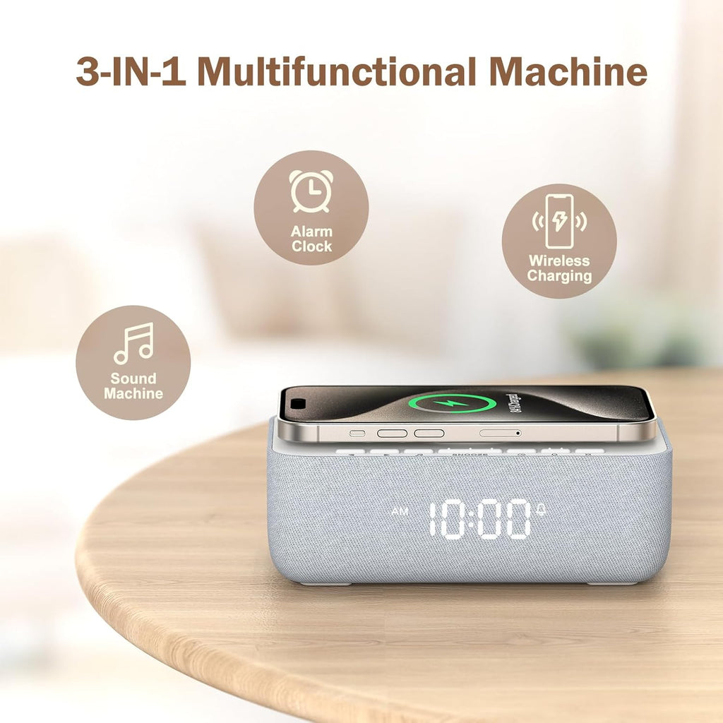 REACHER 15W Fast Wireless Charging Alarm Clock with White Noise Machine │ 20 High-Fidelity Sleep Sounds │ Gradual Wake & Unlimited Snooze…