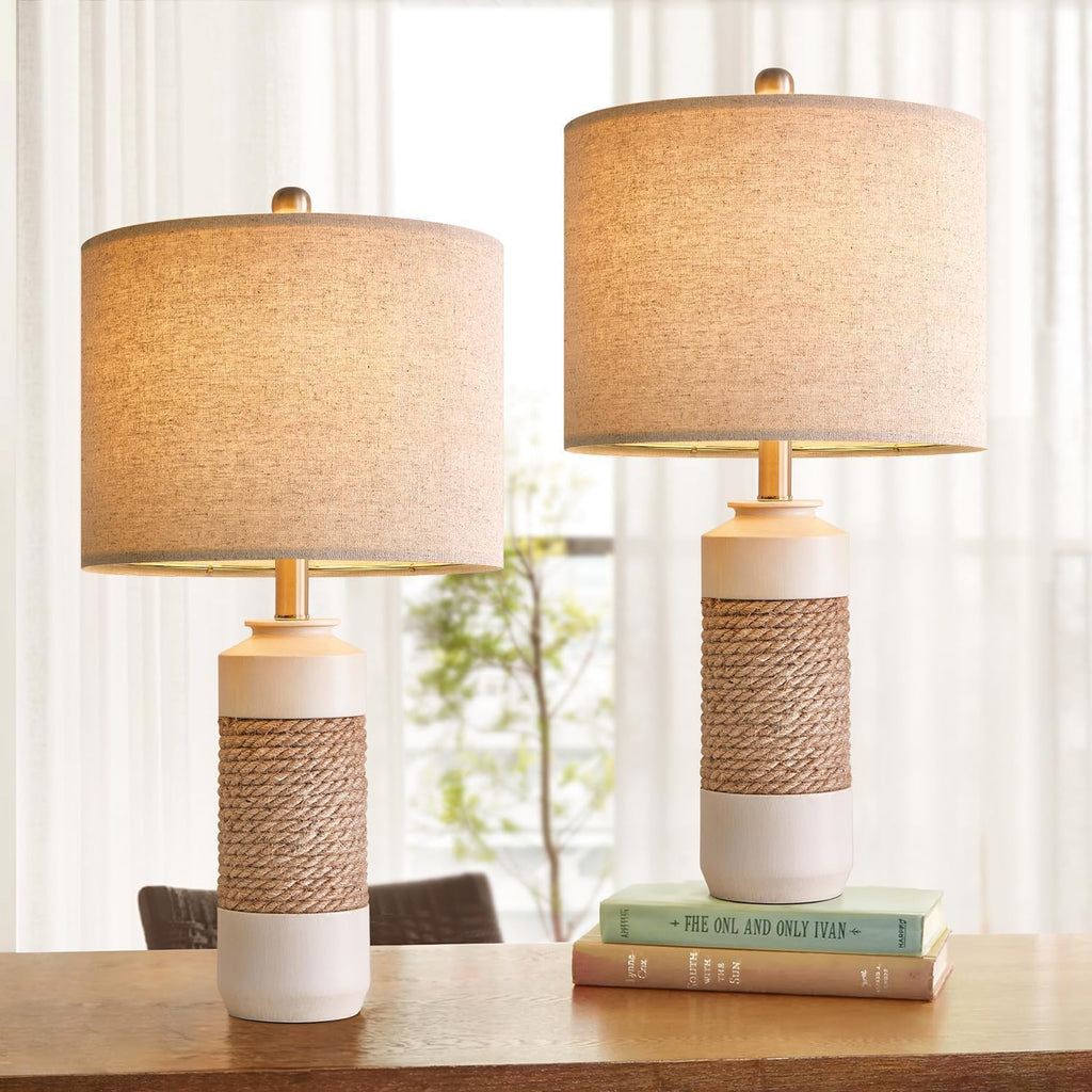 OYEARS 23.75" Bedside Table Lamps Set of 2 for Sleeping and Reading, Vintage Farmhouse Rattan Table Lamp Antique White Resin Lamp for…