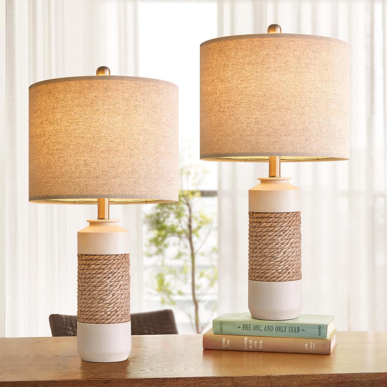 OYEARS 23.75" Bedside Table Lamps Set of 2 for Sleeping and Reading, Vintage Farmhouse Rattan Table Lamp Antique White Resin Lamp for…
