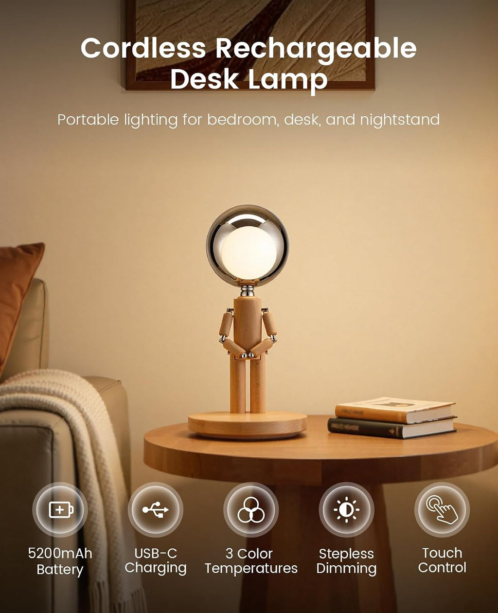 Rechargeable Cordless Desk Lamp, Creative Wooden Table Lamp with 3 Color &Stepless Dimming, Adjustable Pause Moon Lamp, Unique Decorative…