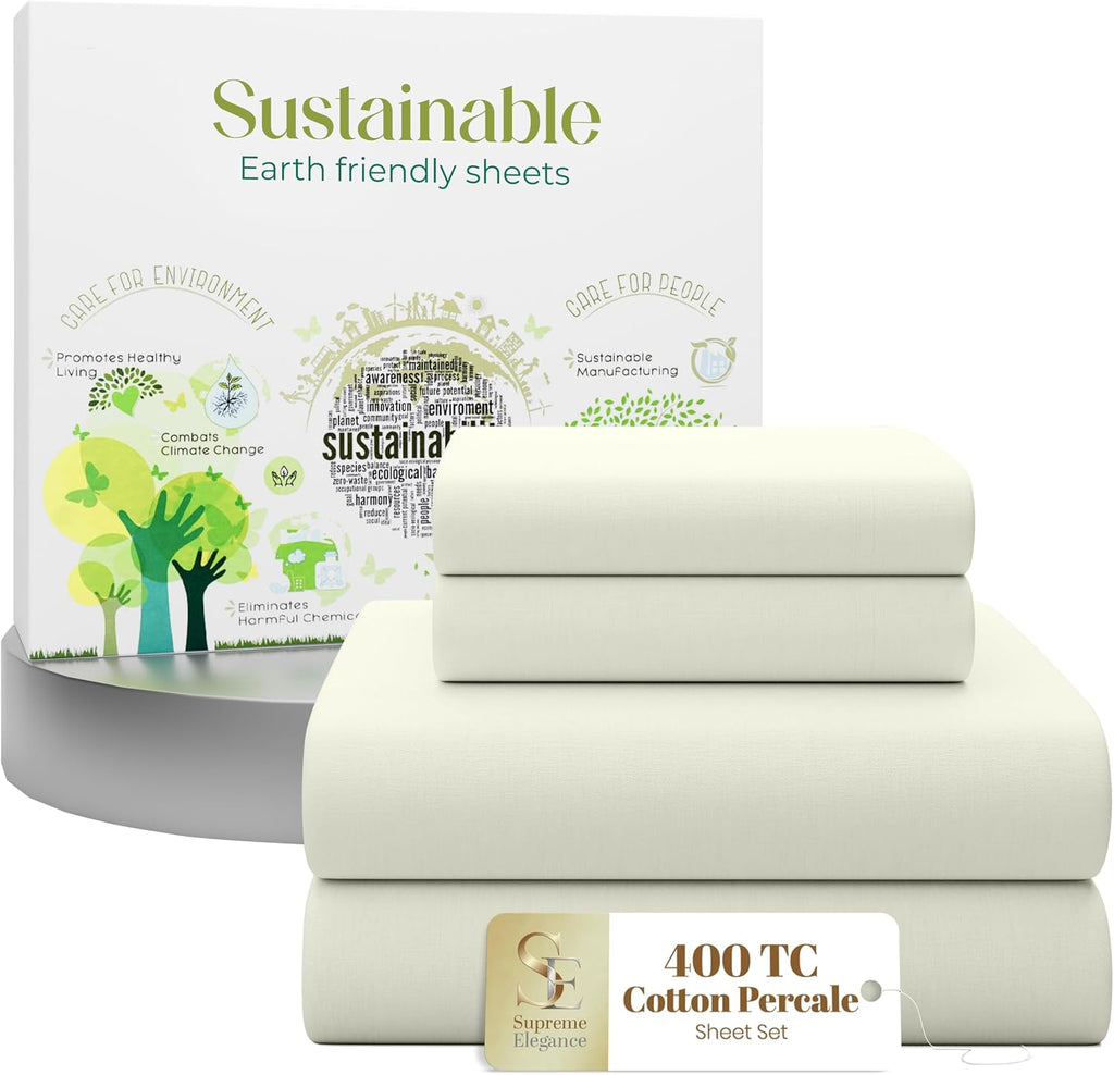 SupremeElegence SUPREME ELEGANCE 4 Pcs 100% Cotton Full Size Sheets Set, Light Ivory, 400 Thread Count, Percale Weave, Cooling, Deep Pocket…