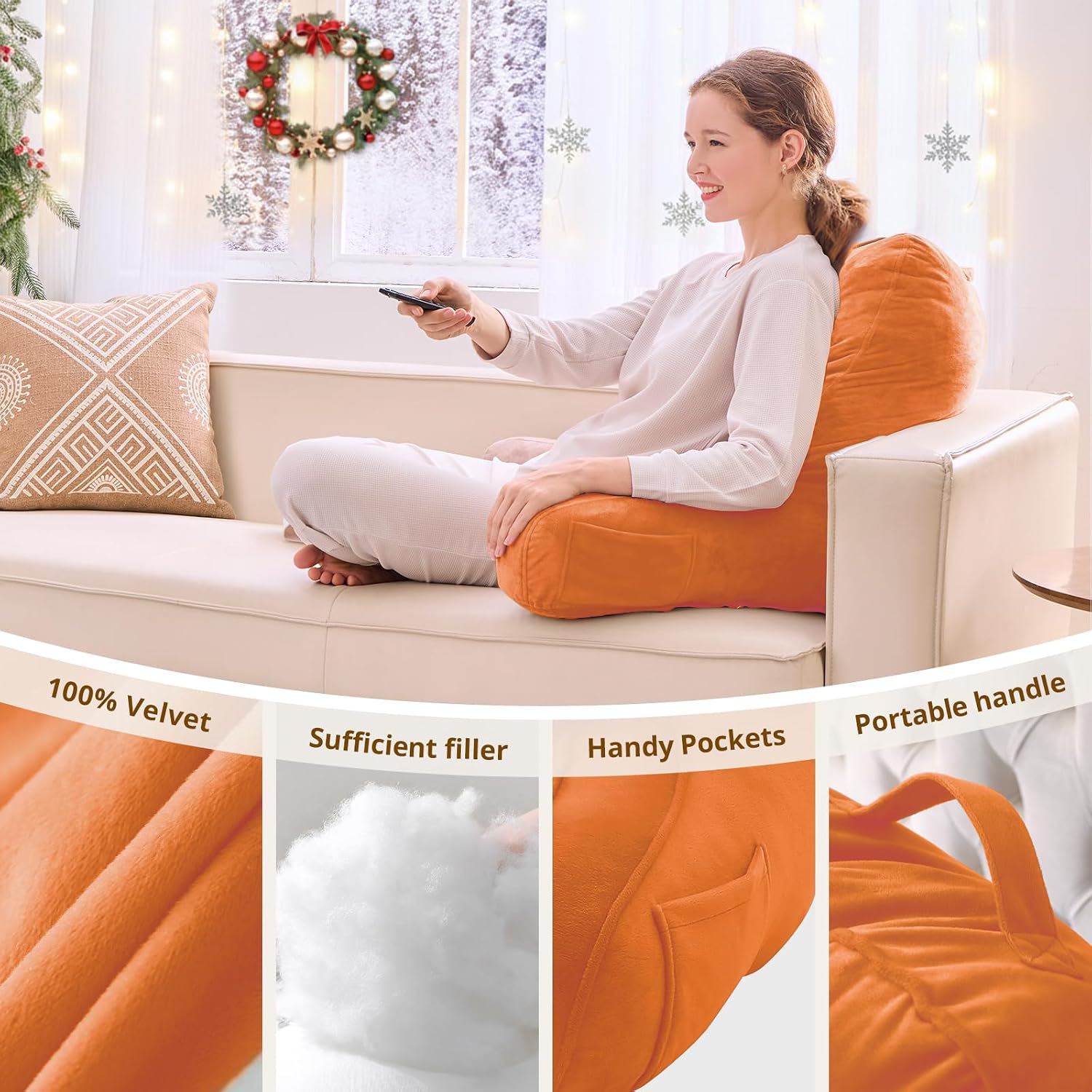 Sasttie Reading Pillow, Pillows for Reading or Relaxing – Ergonomic Support for Head, Neck, Back, and Lumbar, 21-Inch, Orange