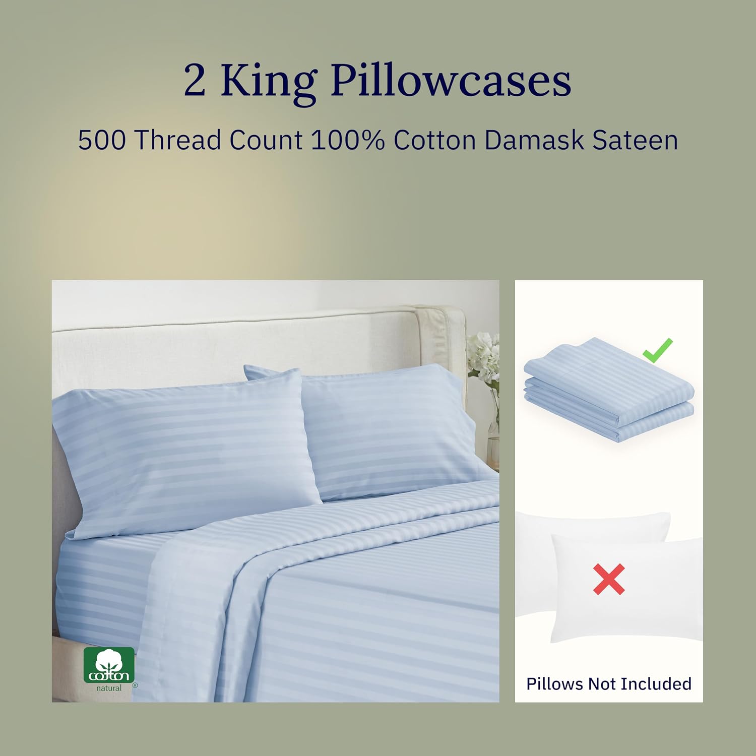 California Design Den Set of 2 King Pillow Cases - Soft & Silky 500 Thread Count 100% Cotton Sateen, Breathable & Smooth, Fits King…