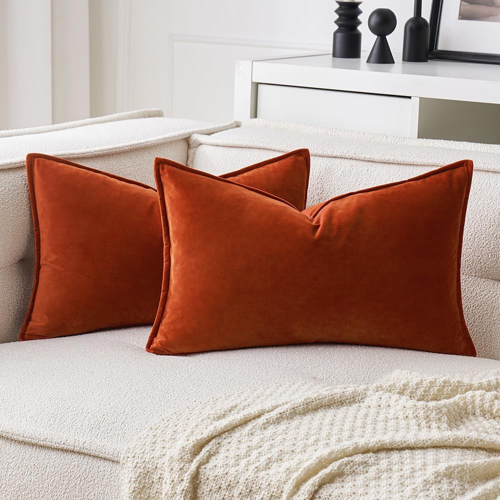 Miulee Burnt Orange Velvet Lumbar Throw Pillow Covers 12x20 Soft Decorative Solid Square Cushion Cases Pack of 2 Modern Luxury Home Decor f…