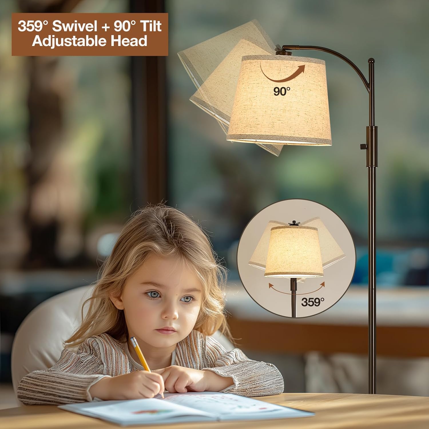 AIDENOEY Fully Dimmable Floor Lamp for Living Room, Standing Lamp Rotary Switch with Table&Linen Beige Shade, Brown Tall Lamps for Bedroom…