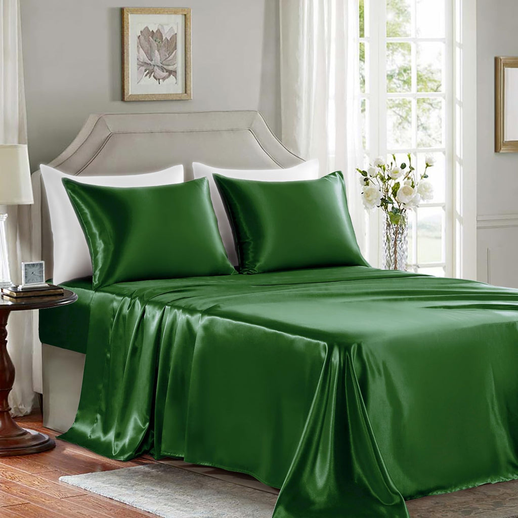 Golal Satin Sheets King Size - 4 Pieces Luxury Silky Soft Bed Sheets, Wrinkle-Free Dark Green Satin Silk Sheet Set with 1 Deep Pocket Fitte…