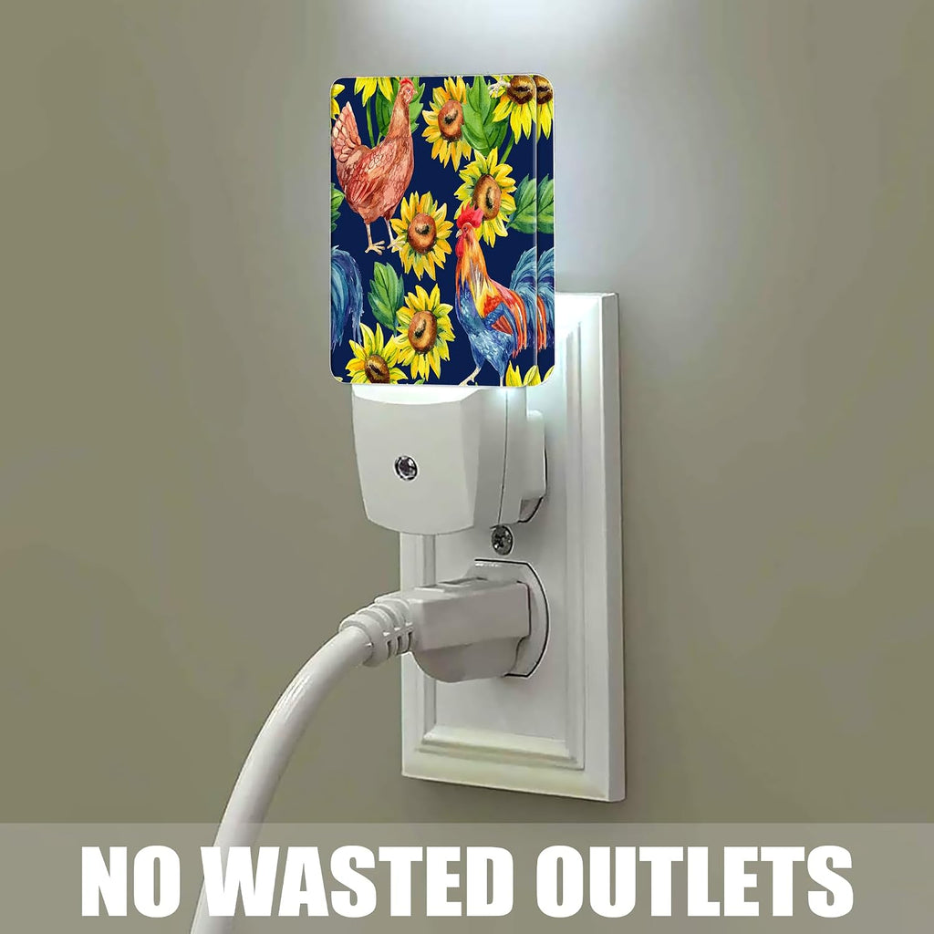 Retro Hen Rooster Night Light, Sunflowers Plug into Wall with Dusk to Dawn Light Sensors, Warm Nightlights for Bedroom, Bathroom…