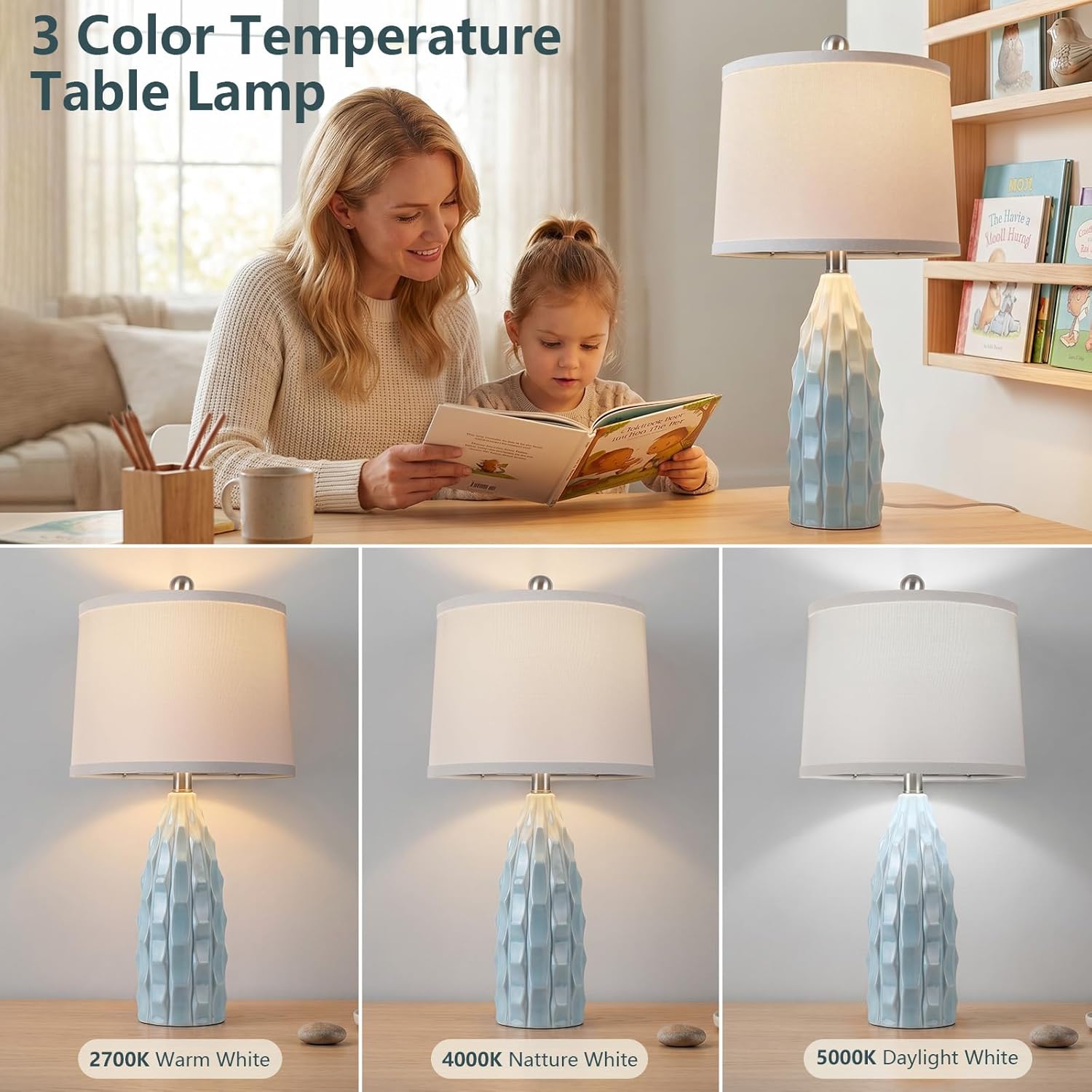 WIHTU Creamic Table lamp Set of 2, Modern 3 Color Temperature Beside Lamp for Living Room, 24" Farmhouse Nightstand Lamps with Linen…