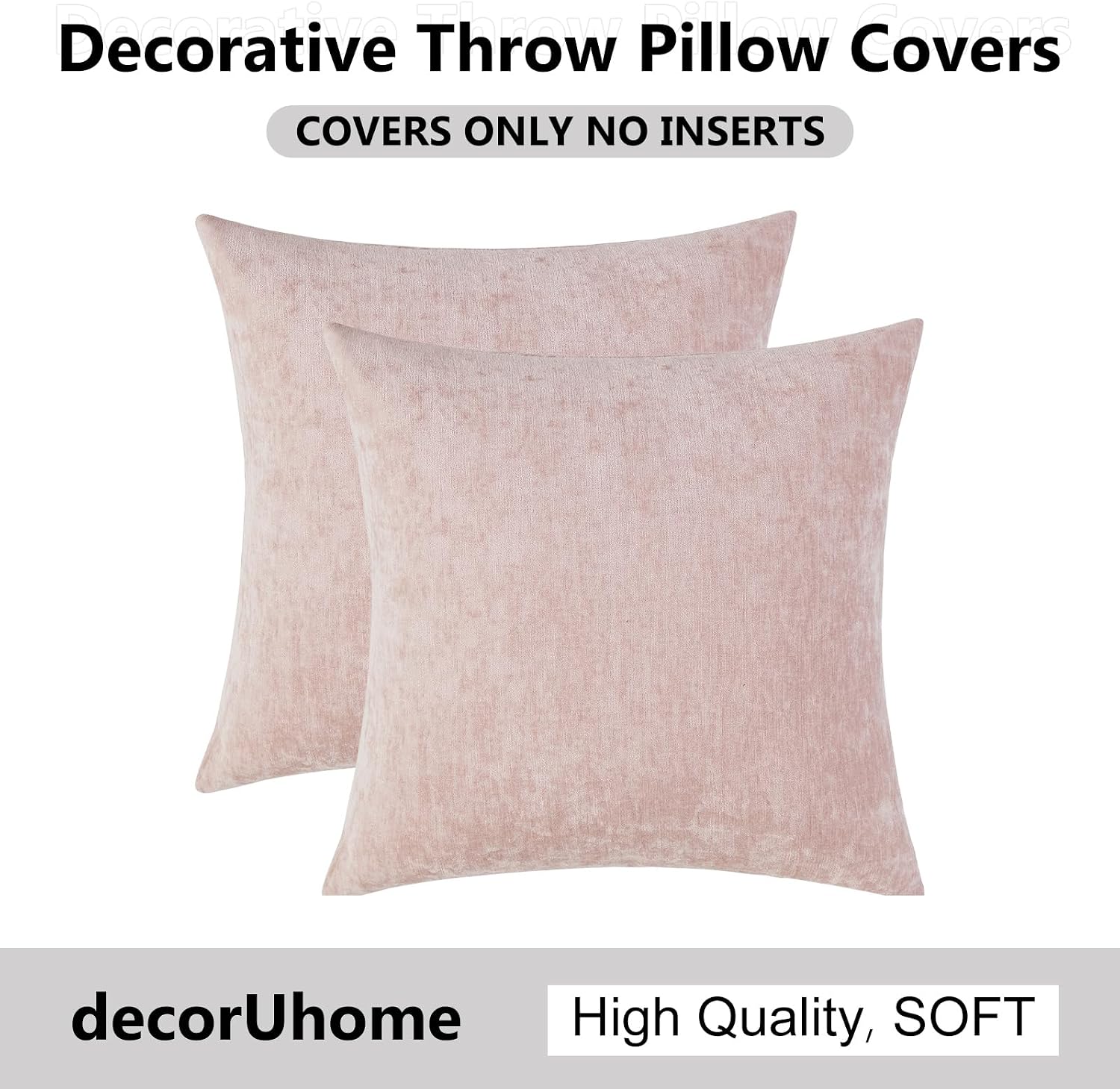 decorUhome Chenille Blush Pink Summer Throw Pillow Covers 16x16 Inch Set of 2, Decorative Soft Couch Pillow Covers Solid Dyed Accent Farmho…