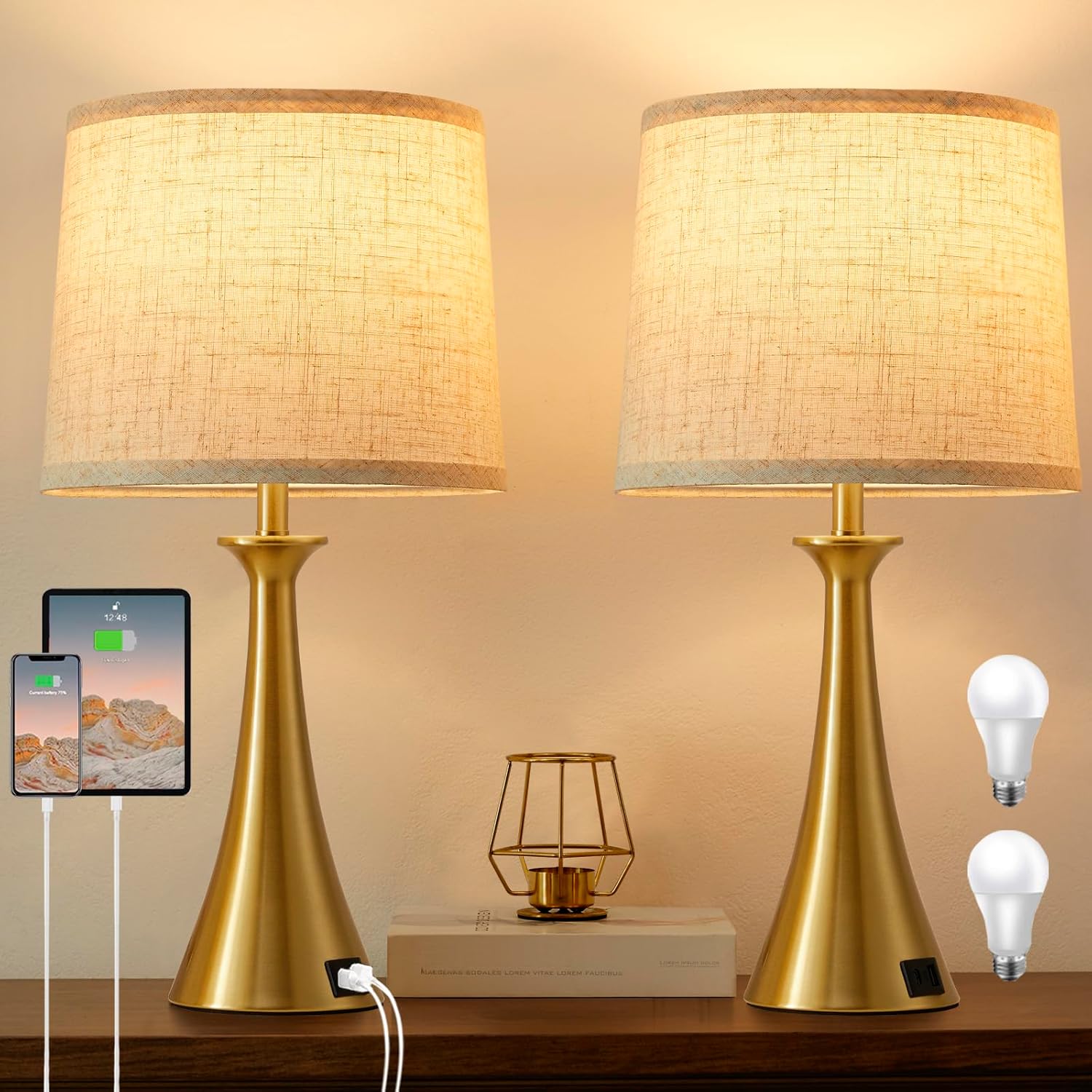 Touch Lamp for Living Room Bedroom, 21" Table Lamps Set of 2 with USB C+A Ports, Touch Bedside Lamps for Nightstand with 3 Way Dimmable…