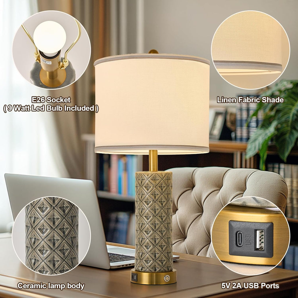 Set of 2 Table Lamp for Living Room Bedroom Farmhouse,26'' Touch Control Bedroom Smoke Grey Ceramic Lamps 3-Way Dimmable Bedside Lamps…