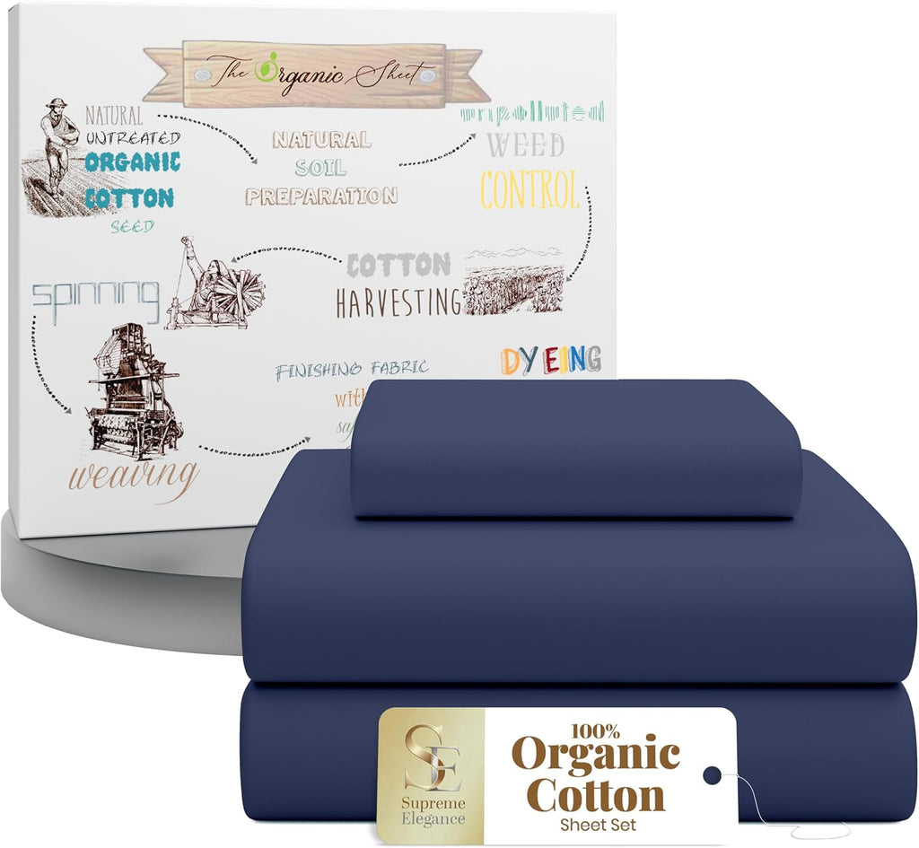 SupremeElegence SUPREME ELEGANCE 3Pc 100% Organic Cotton Twin Bed Sheets Set, Dark Blue, Cooling Percale, Deep Pocket Fitted Sheet, Fits Ma…