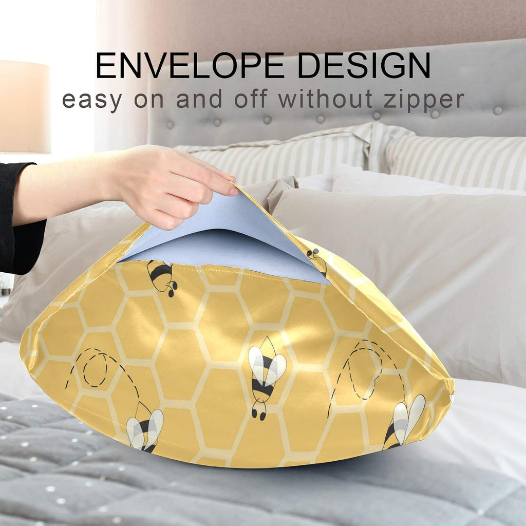 Satin Pillowcase for Hair and Skin Silkly Decorative Pillow Sham with Envelope Closure Pillow Cover (20x30in, Yellow Honeycomb Bee)