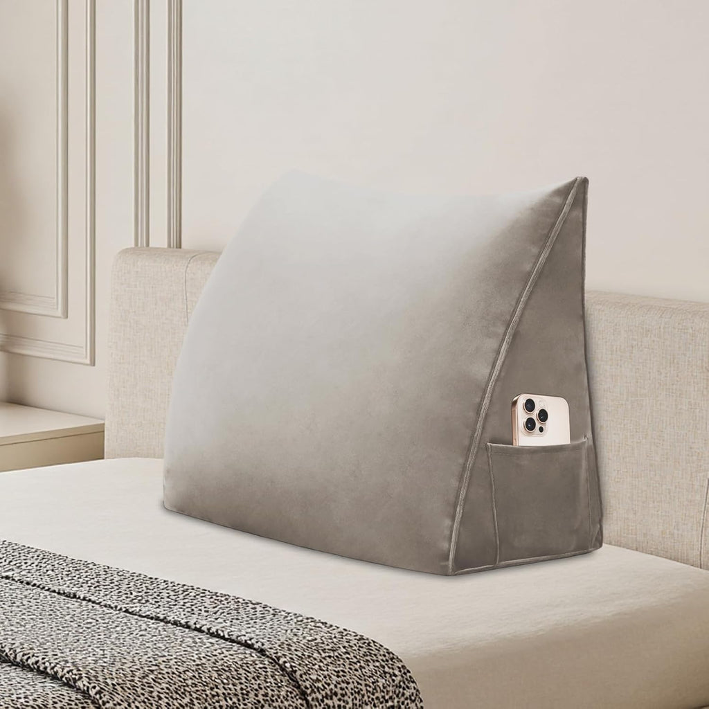 Wedge Headboard Pillow Reading Backrest Pillow for Sitting in Bed Sofa Dorm with Removable Cover Side Pockets Dutch Velvet Fabric Camel