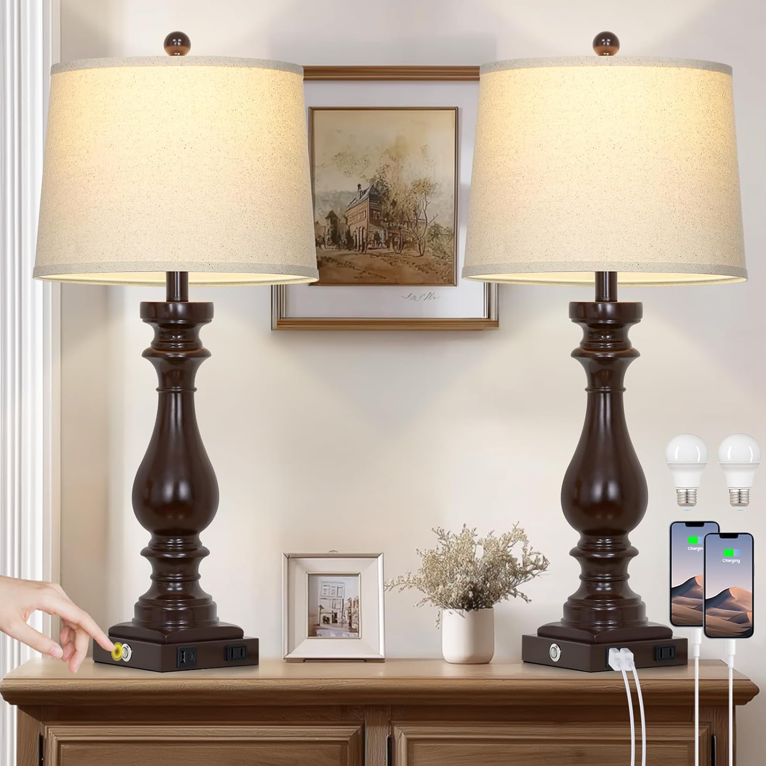 Cinkeda 29" Tall Farmhouse Table Lamp for Living Room Set of 2, Vintage Retro Nightstand Lamps with USB C+A Ports & AC Outlet,3-Way…
