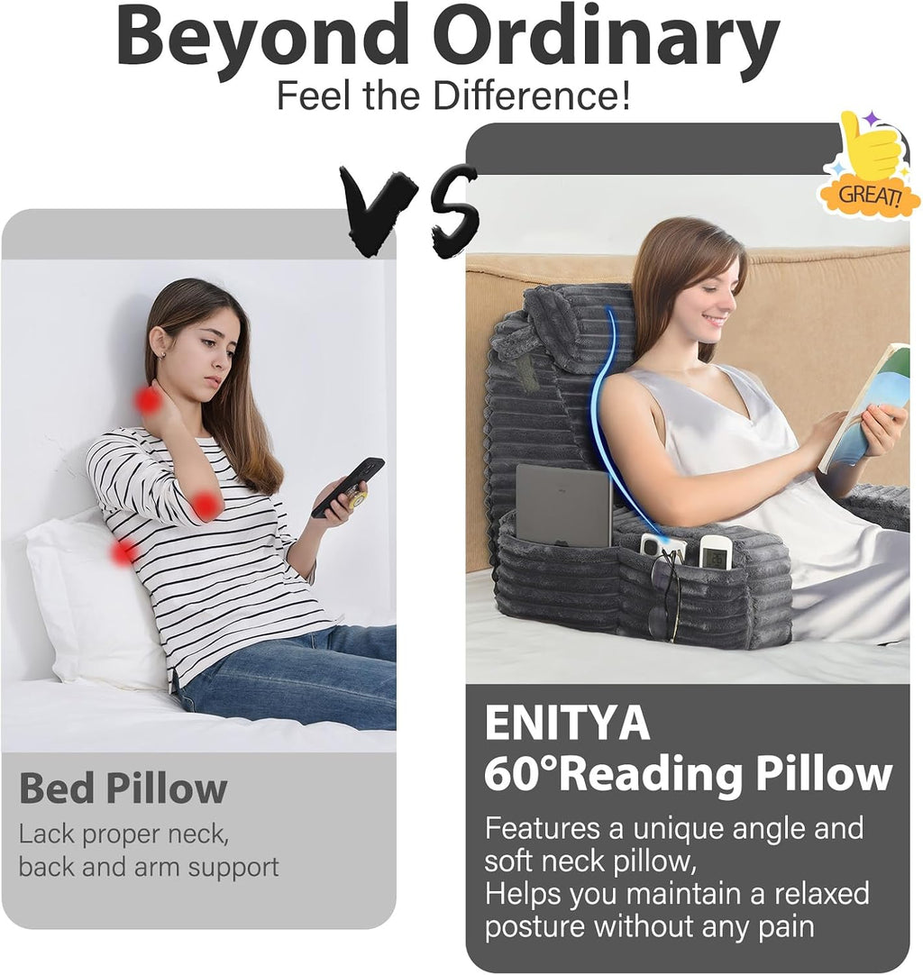 ENITYA 19” Back Pillow for Bed Sitting up, Built-in Armrests & Big Pockets, Back Support Chair Pillow for Sitting up/Watching…