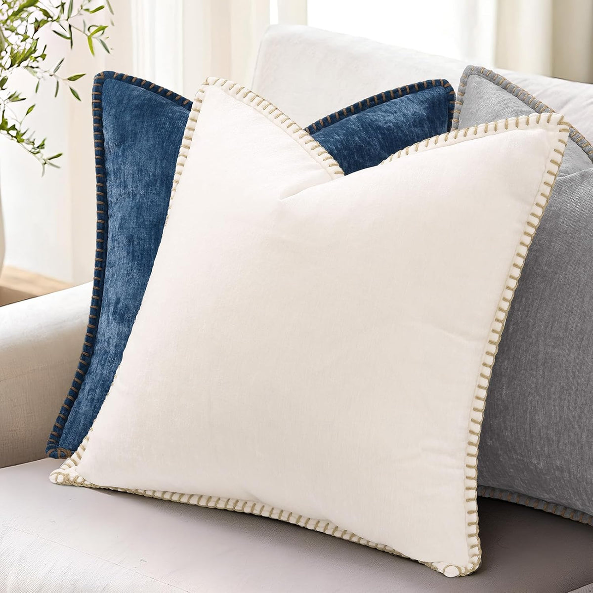 decorUhome Chenille Soft Cozy Throw Pillow Covers 22x22 Set of 2, Modern Farmhouse Boho Velvet Decorative Euro Sham Pillow Cases with Stitc…