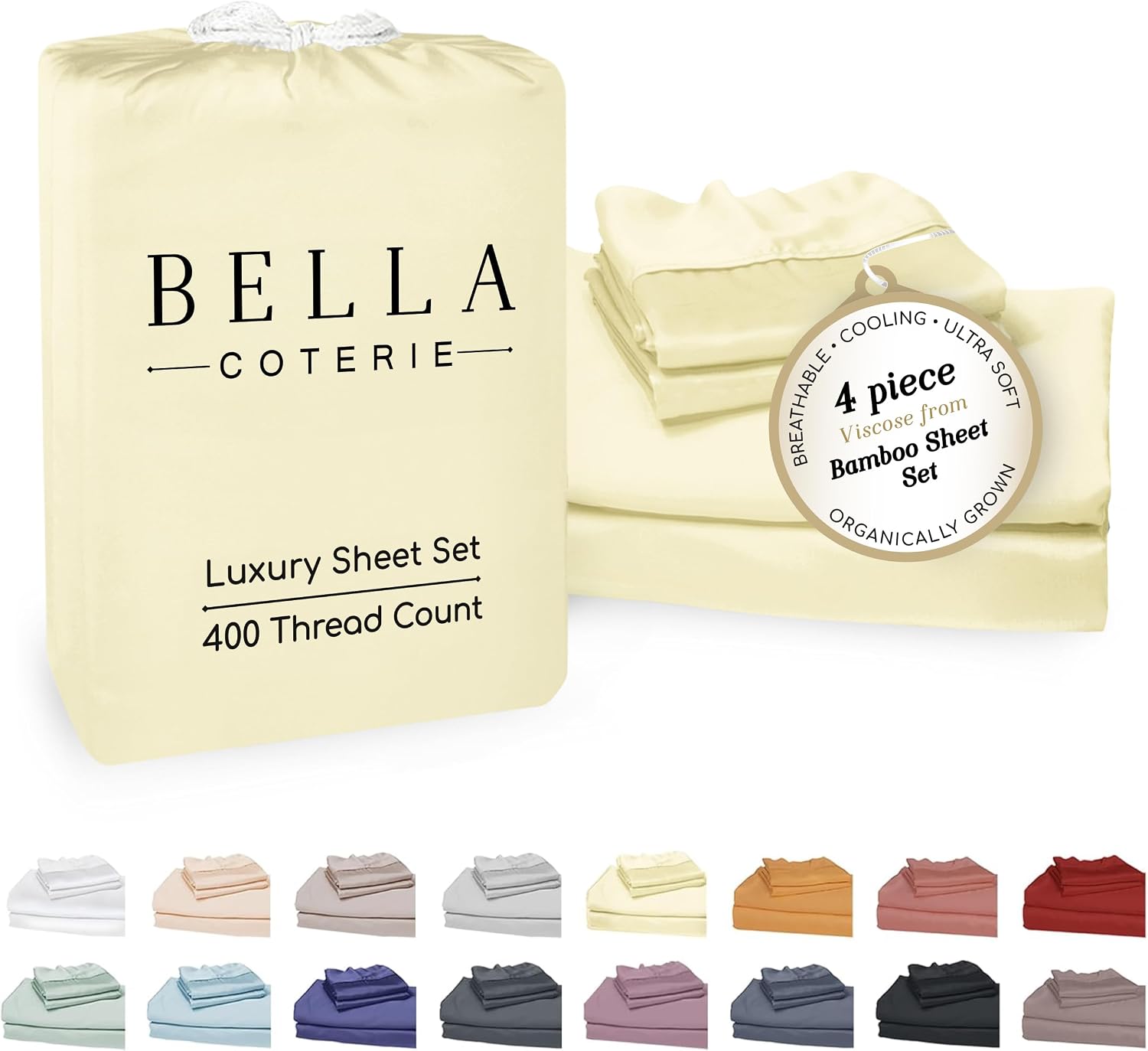 Bella Coterie Luxury Bamboo Viscose Cal King Size Sheet Set | 100% Organically Grown | Ultra Soft | Cooling for Hot Sleepers | 18" Deep…
