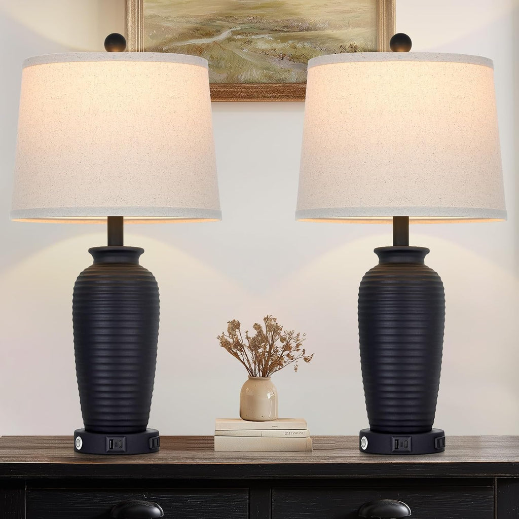 CINSARY 25" Retro Black Farmhouse Jar Table Lamps Set of 2, 3 Way Touch Control Rustic Bedside Lamps with USB A+C Ports & AC Outlet, Pot…