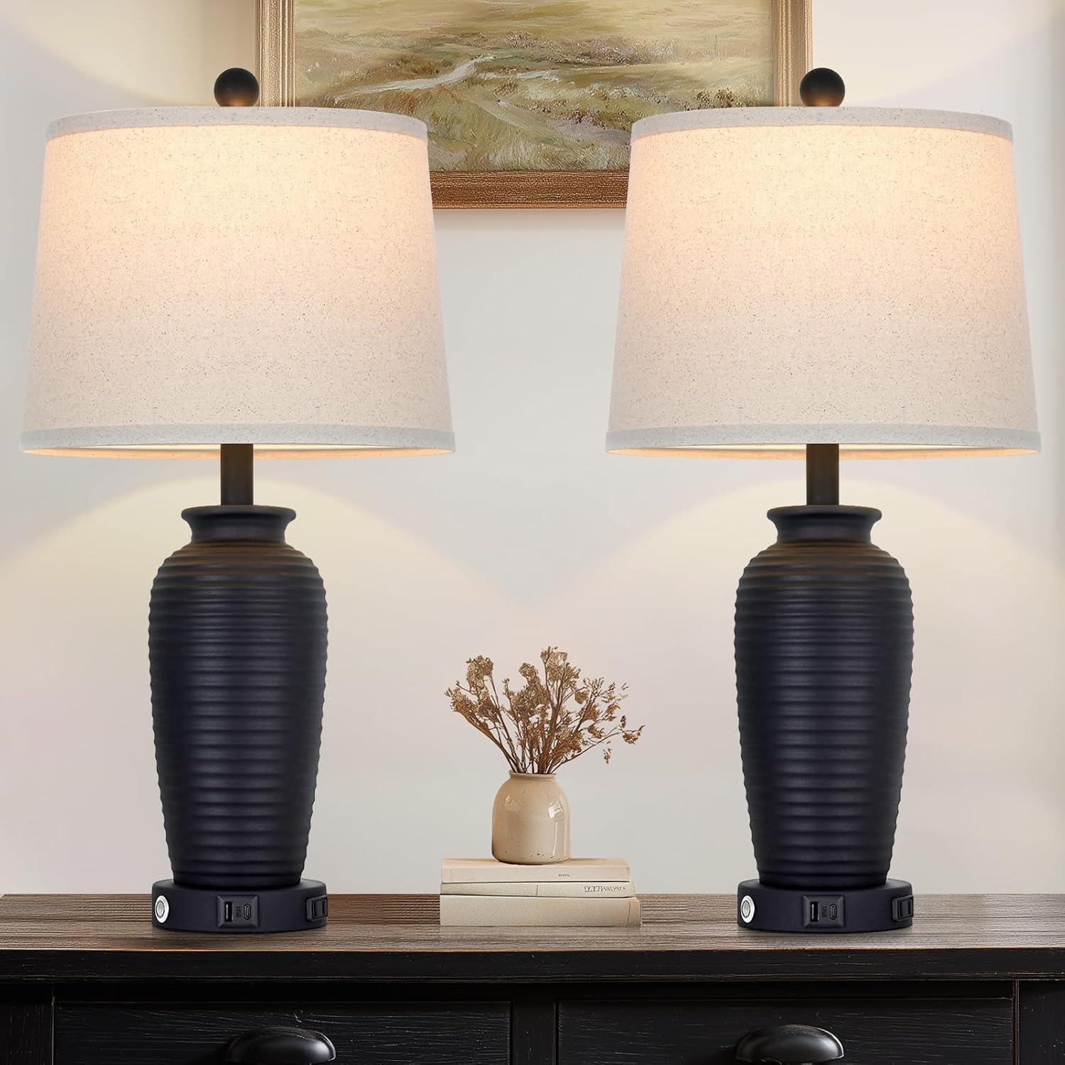 CINSARY 25" Retro Black Farmhouse Jar Table Lamps Set of 2, 3 Way Touch Control Rustic Bedside Lamps with USB A+C Ports & AC Outlet, Pot…