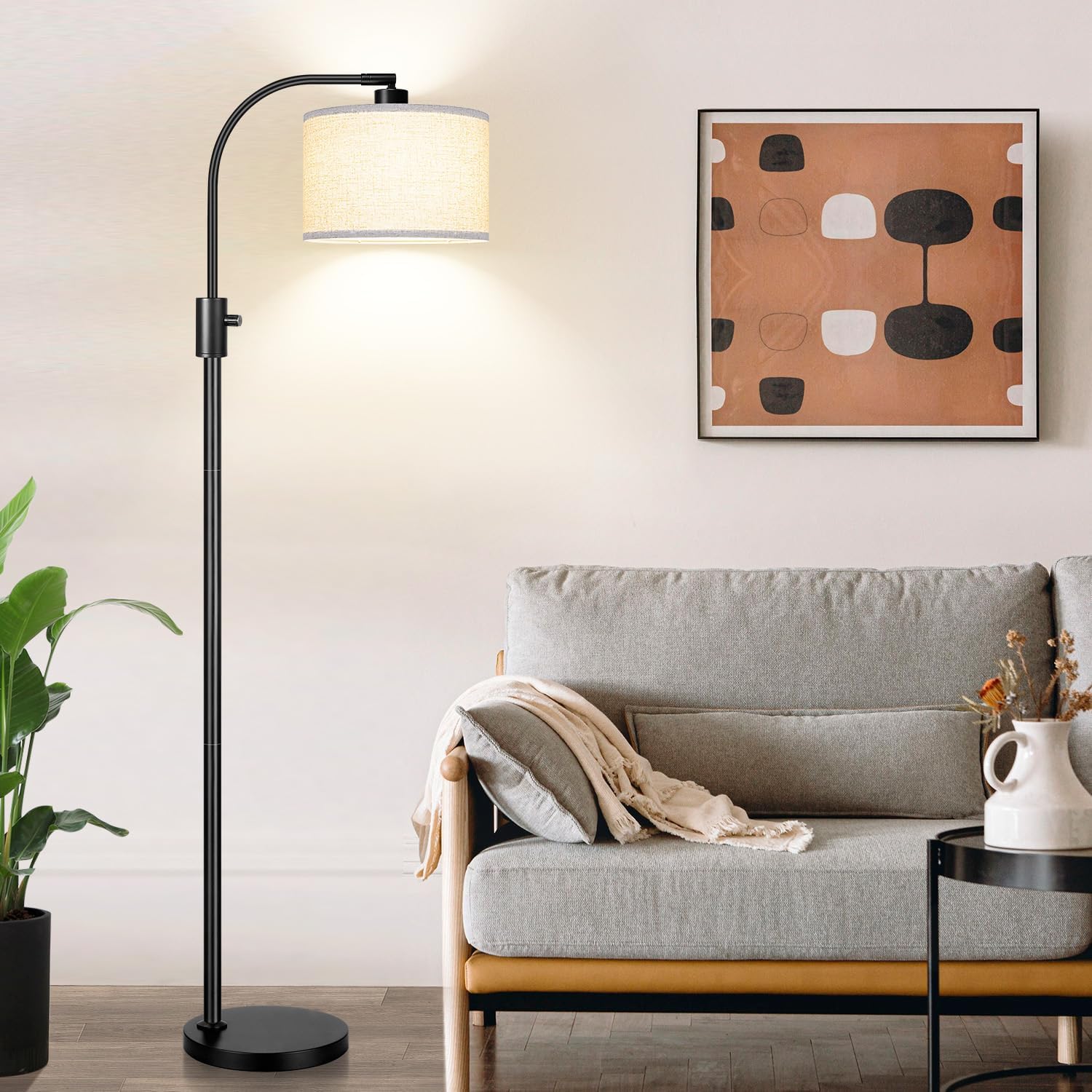 Nintiue Upgraded Modern Arc Dimmable Tall Standing Floor Lamp with Linen Shade, 1200 Lumens LED Bulb Included, for Living & Reading Room…