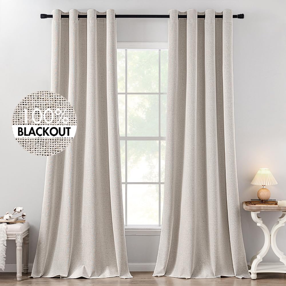Miulee 100% Blackout Linen Textured Curtains for Bedroom Solid Thermal Insulated Ivory Grommet Room Darkening Curtains & Drapes Luxury Deco…