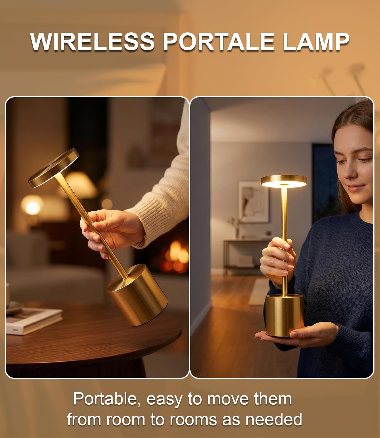 Swinerton Cordless Table Lamp Set of 2, Gold 5000mAh Rechargeable Battery Operated Lamps, Wireless 3 Color Dimmable Touch Lamp Table…