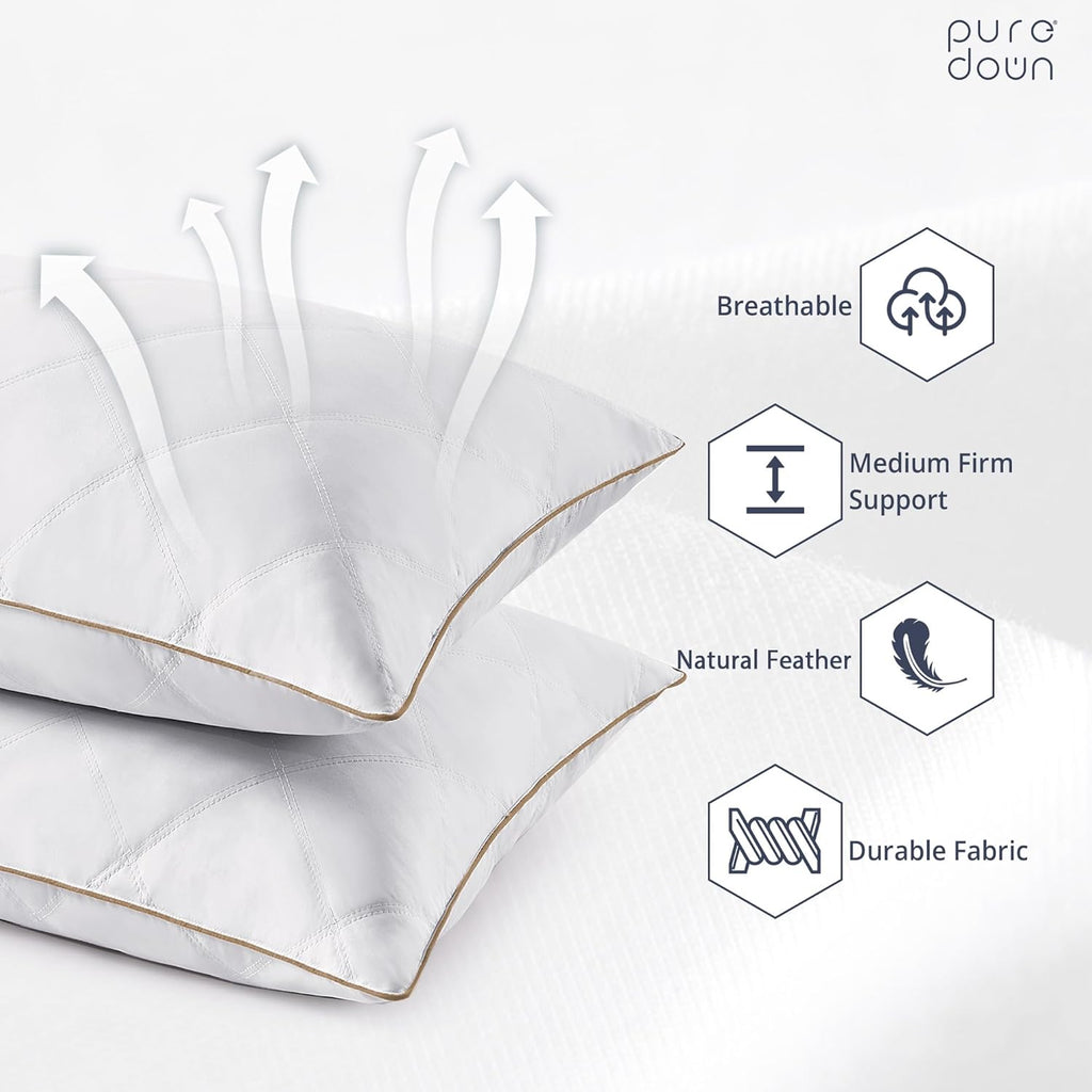 puredown® Goose Feathers and Down Pillow with Diamond Quilting with 100% Cotton Cover, Pack of 2, Queen Size