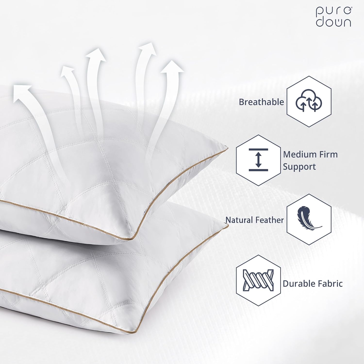 puredown® Goose Feathers and Down Pillow with Diamond Quilting with 100% Cotton Cover, Pack of 2, Queen Size