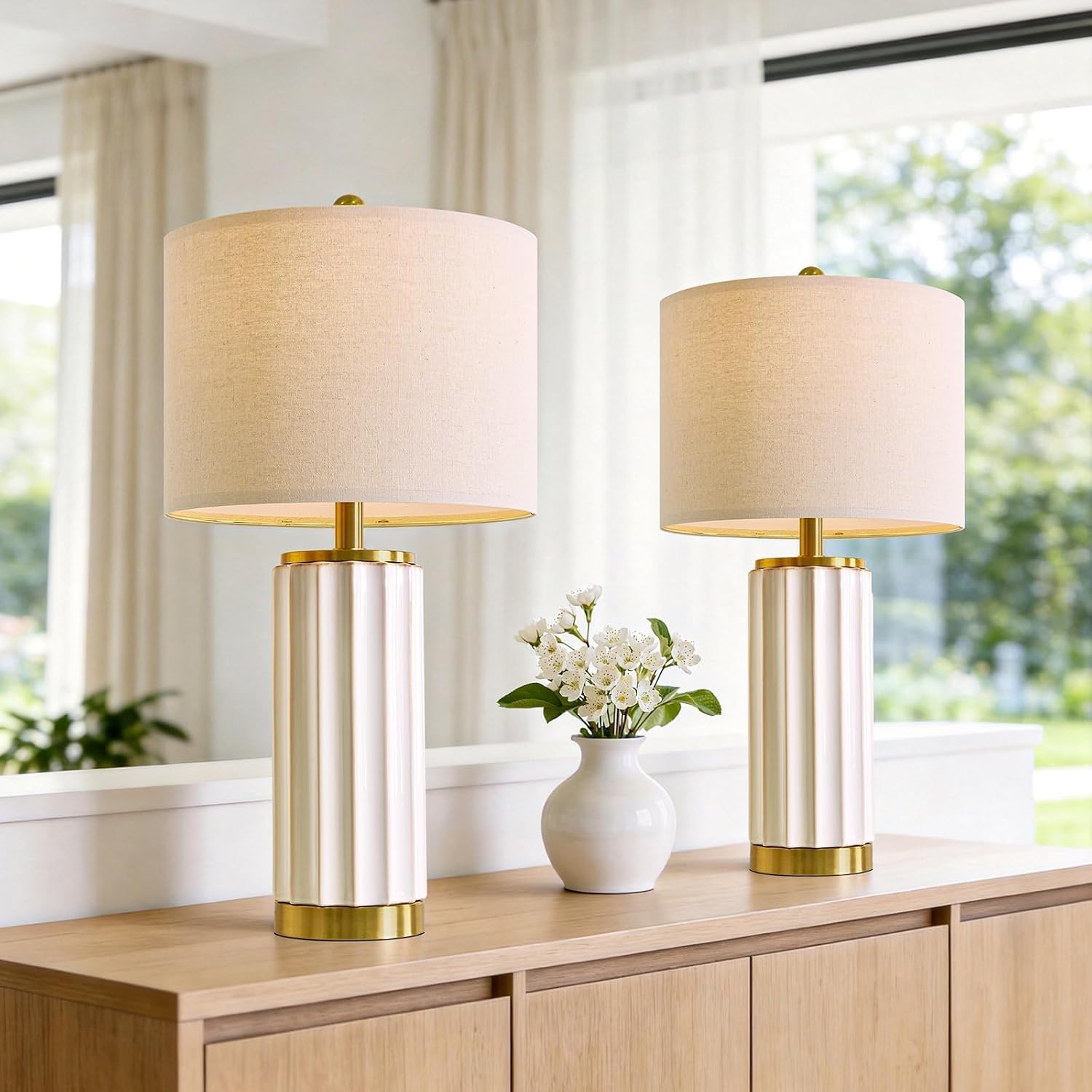 USumkky 25.75" Off-White Ceramic Table Lamp Set of 2, Mid Century Modern Bedside Nightstand Lamps for Bedroom Living Room, Linen Shade &…
