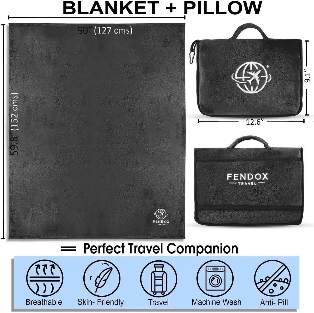 2-in-1 Travel Blanket and Pillow – Lightweight, Compact, Ultra Soft, Machine Washable – Handle, Luggage Sleeve, Backpack Clip – for…
