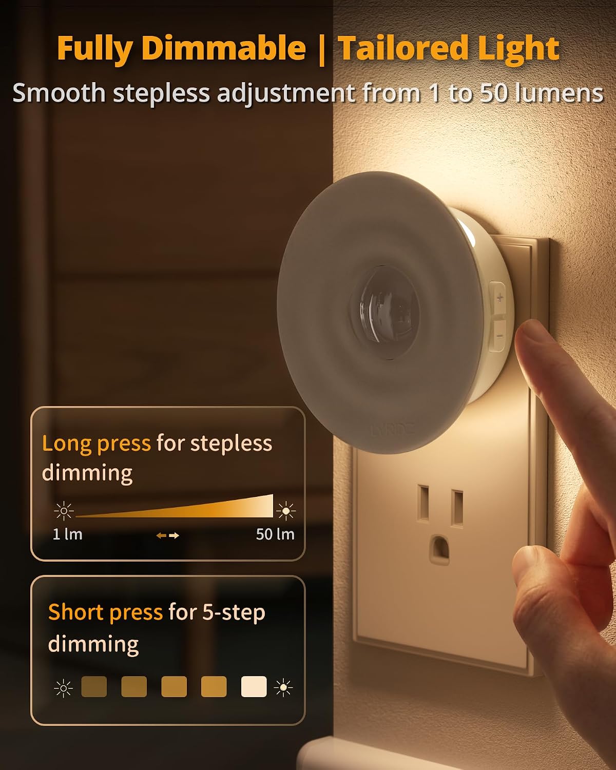 Lyridz Plug-in Backlit Motion Sensor Night Light with Dusk to Dawn Sensor, 1-50LM Precise Dimmable Wall Lights for Bedroom, Bathroom, Hallw…