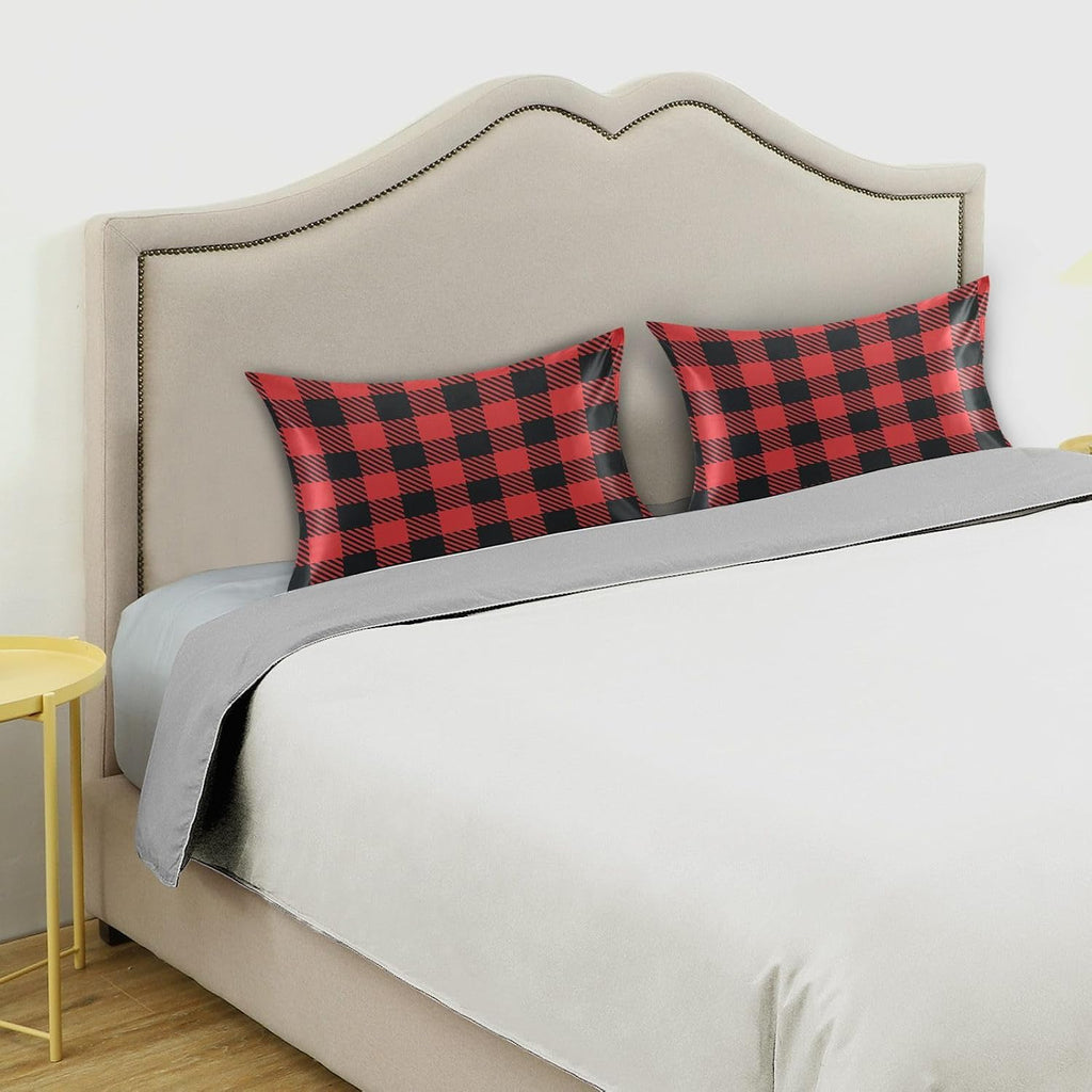 Plaid Red Print Pillow Covers Silk Pillowcase for Hair and Skin Soft Smooth Cooling Satin Pillowcase King Size Pillow Case for Bedroom…