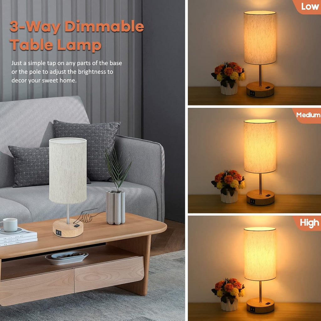 Brightever Table Lamps Set of 2 Touch Control, 2 USB Charging Ports&AC Outlet, 3-Way Dimmable Bedside Nightstand Lamp with Flaxen Fabric Sh…