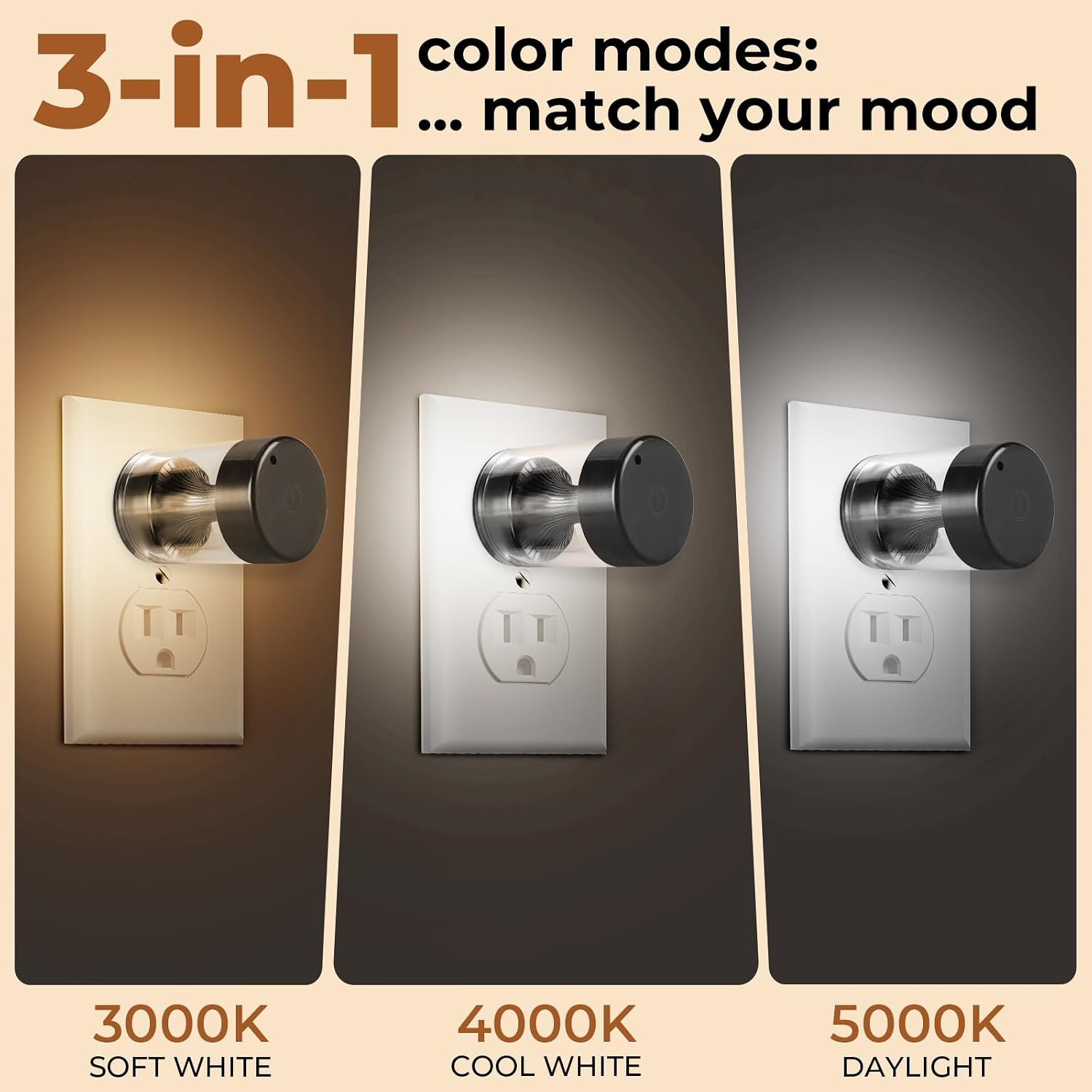 Geplad Dimmable LED Night Light Plug in Wall, Touch Control & 3-Color Temperature (3000K-5000K) Nightlight with Dusk to Dawn Sensor, IP65 W…