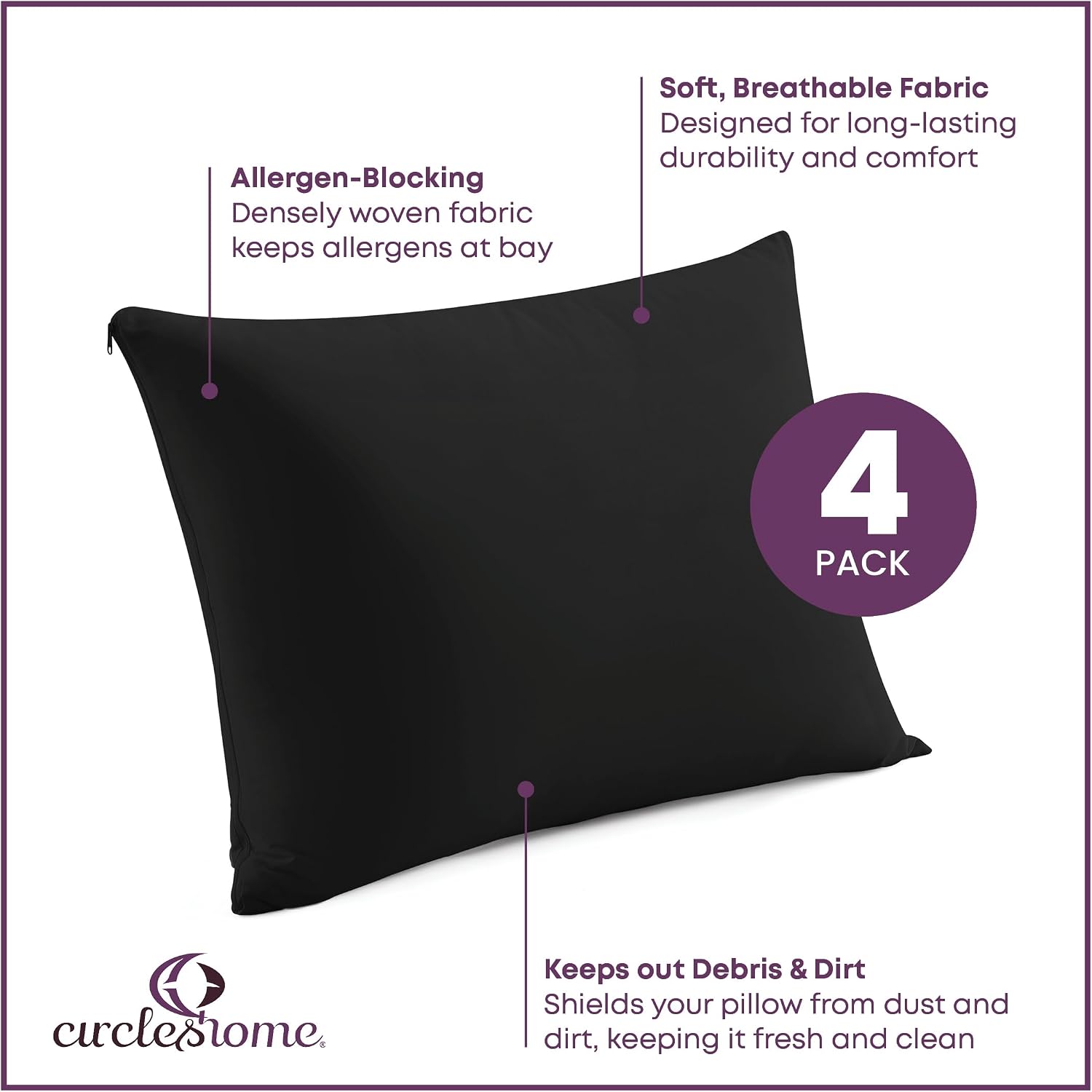 CirclesHome Pillow Protectors 4 Pack Standard Zippered - 100% Cotton Breathable Pillowcases - Protects Pillows from Dirt, Dust and Debris (…