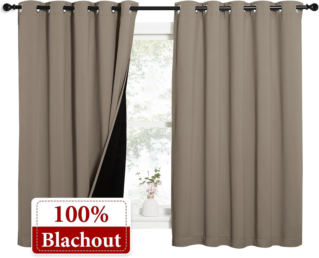 Nicetown 100% Blackout Curtains with Black Liners, Thermal Insulated Full Blackout 2-Layer Lined Drapes, Energy Efficiency Window Draperies…