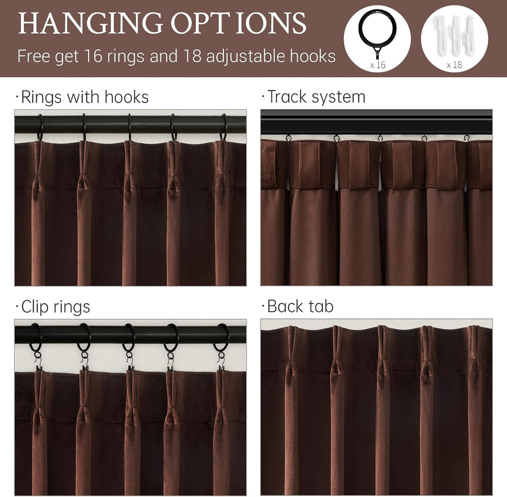 Drapenova Brown Velvet Curtains 84 Inch Length for Living Room Bedroom Soft Velvet Modern Boho Blackout Pinch Pleated Drapes with Ho…