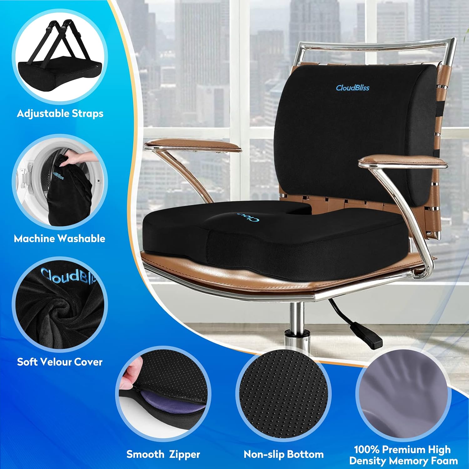 CloudBliss Lumbar Support Pillow & Seat Cushion Set for Office Chair, Desk Chair, Wheelchair & Car – Memory Foam Back Support, Ergonomic Ch…
