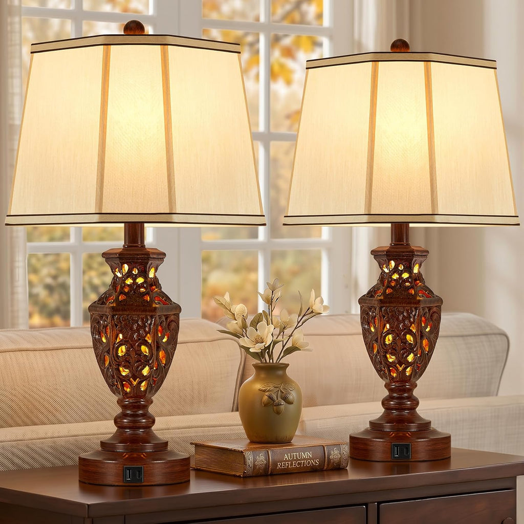 EJIAXIN Lamps for Night Stands Set of 2-23.5" Vintage Bedside Lamp with USB A+C and Nightlight - Brown Retro Carved Resin Farmhouse Desk…