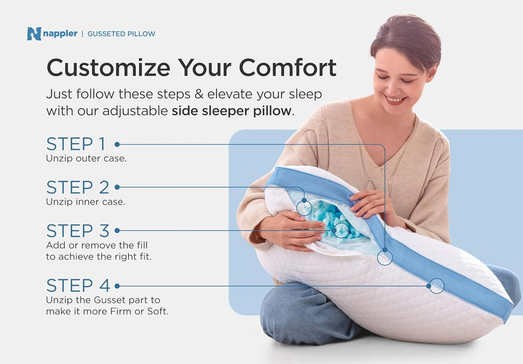Nappler Side and Back Sleeper Pillow for Neck and Shoulder -Shredded Memory Foam Bed Pillow for Sleeping - 100% Adjustable Fill - Standard…