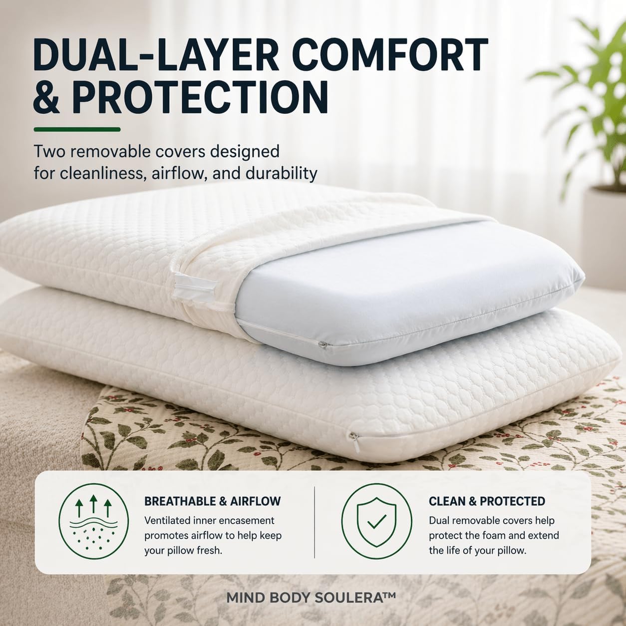 Mind Body Soulera Thin Flat Memory Foam Pillow for Stomach Sleepers, Low Profile Pillow for Back & Side Sleepers, 3-Inch Cooling Gel…