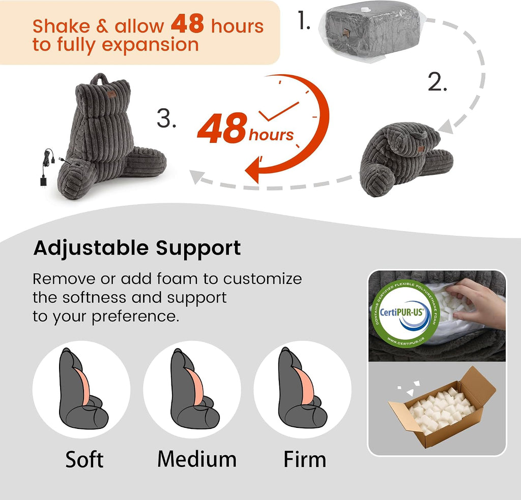 Amélie Home Heated Faux Fur Reading Pillow 3 Temperature Backrest for Sitting in Bed Support Cushion, USB-Powered(No Power Bank Included)…