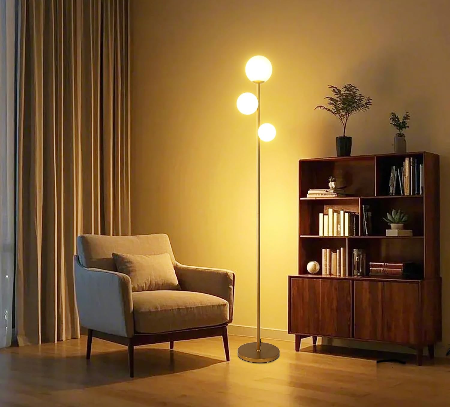 Fiqevs 3 Globe Floor Lamp Mid Century Modern, Gold Standing Lamp with Frosted Glass Shade & LED Bulbs, Tall Pole Light with Foot Switch…