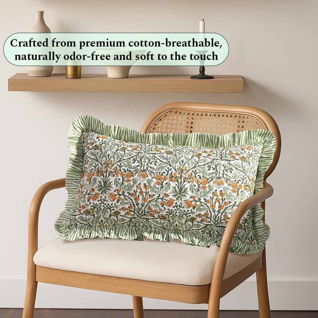 Ridhi Block Print Goldenrod Yellow 20"x12" Set 1-100% Cotton Ruffle Lumbar Sham Cover Boho Floral Pillowcase, Farmhouse Cottagecore…