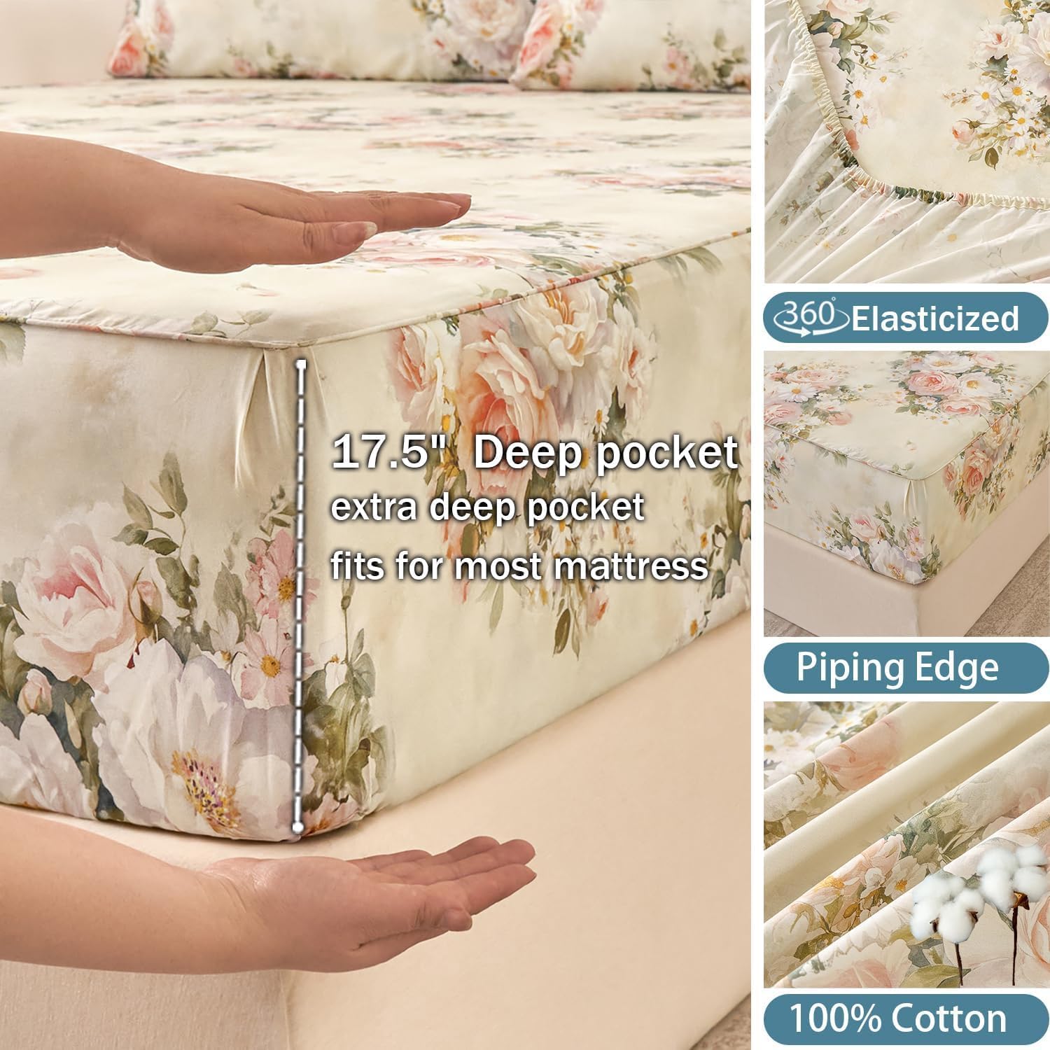 Softtouchsweetdreams Silky Floral Bed Sheets Full Size Cream 100% Cotton Blush Pink Rose Printed Sheet Set, Satin Weave Cooling Sheets for…