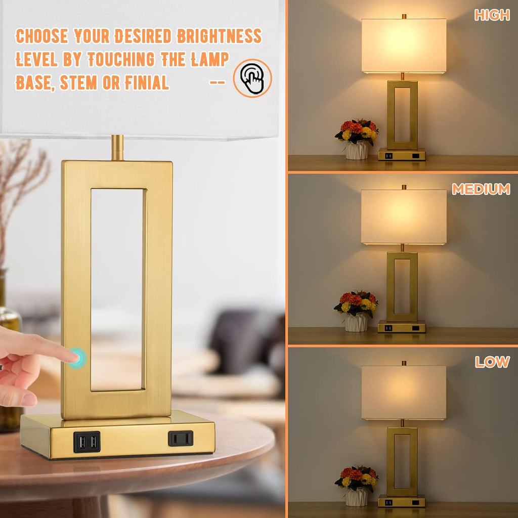Tobusa 22’’ Table Lamps for Bedrooms Set of 2, Gold Bedside USB Desk Lamp with AC Outlet, Touch Control Modern Vintage Living Room Table La…