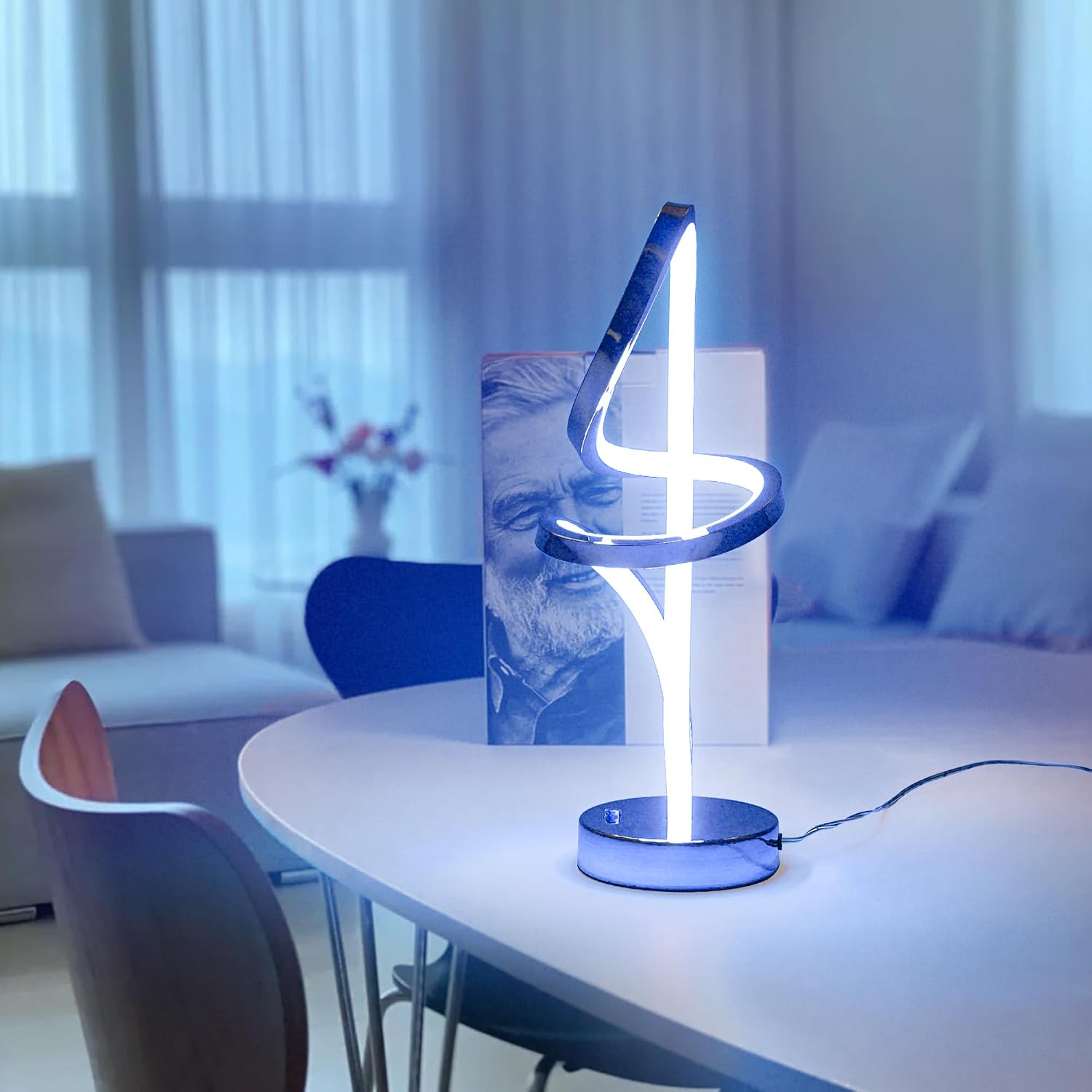Mayful RGB Modern Table Lamp with 15W LED Unique Spiral Design, Silver Small Bedside Lamp & Nightstand Lamp, Touch Dimmable with 7 Colors…